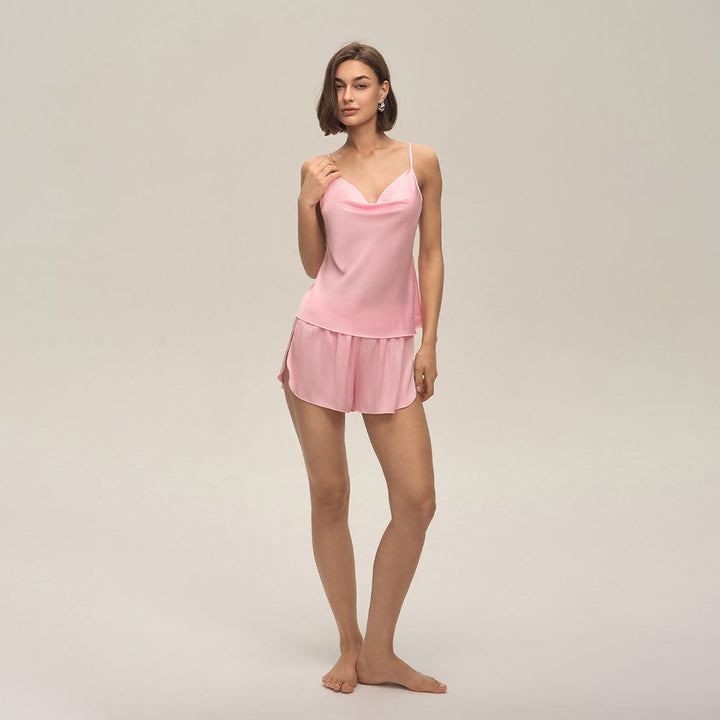 22 Momme Sexy Open-Back Silk Cowl Neck Camisole Set for Women