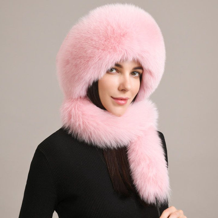 Luxury Winter Fox Fur Trapper Hat Women Pom Pom Fur Ushanka with Tail Scarf
