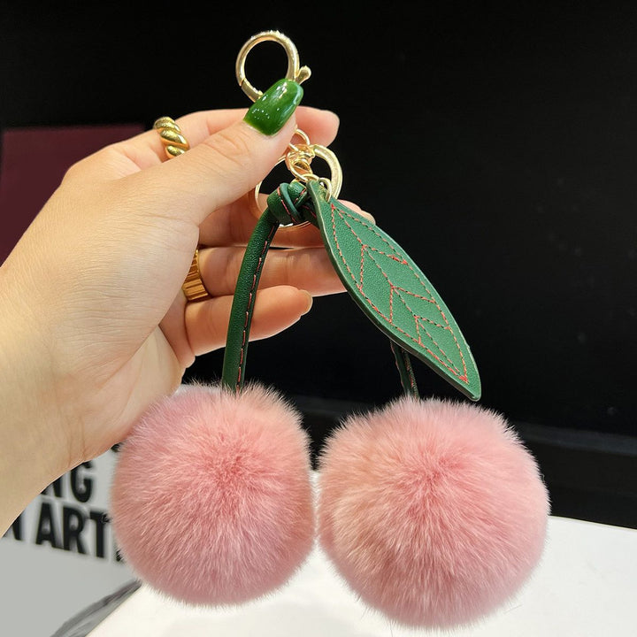 Rabbit Fur Cherry Keychain Cute Pom Pom Plush Bag Car Charm