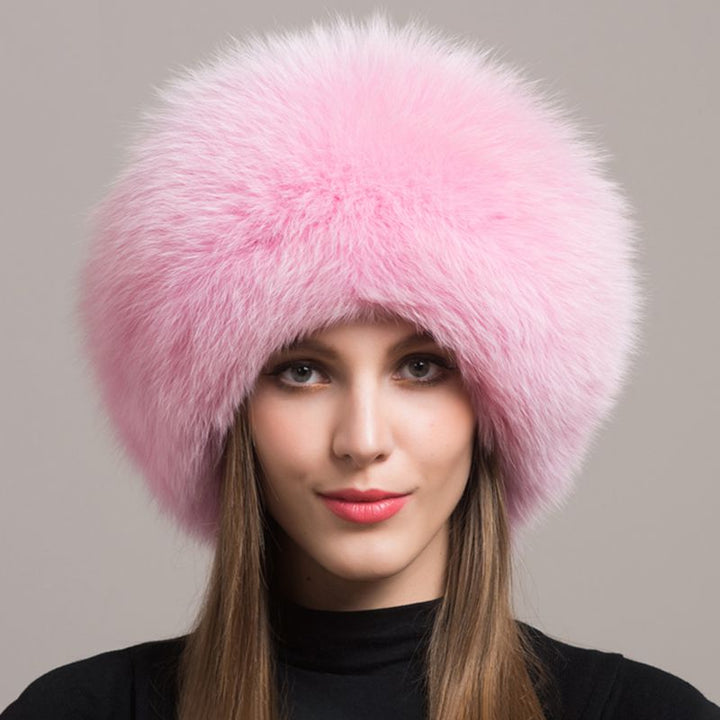 Women's Winter Fox Fur Roller Hat Sheepskin Pom Pom Fur Round Hat