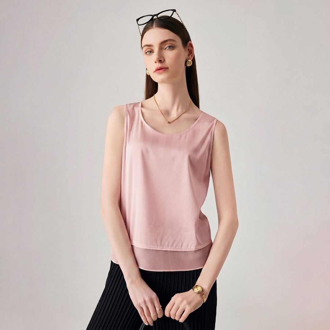 Pure Mulberry Silk Tank Top with Sheer Patchwork Hem Elegant Sleeveless Silk Shell Blouse