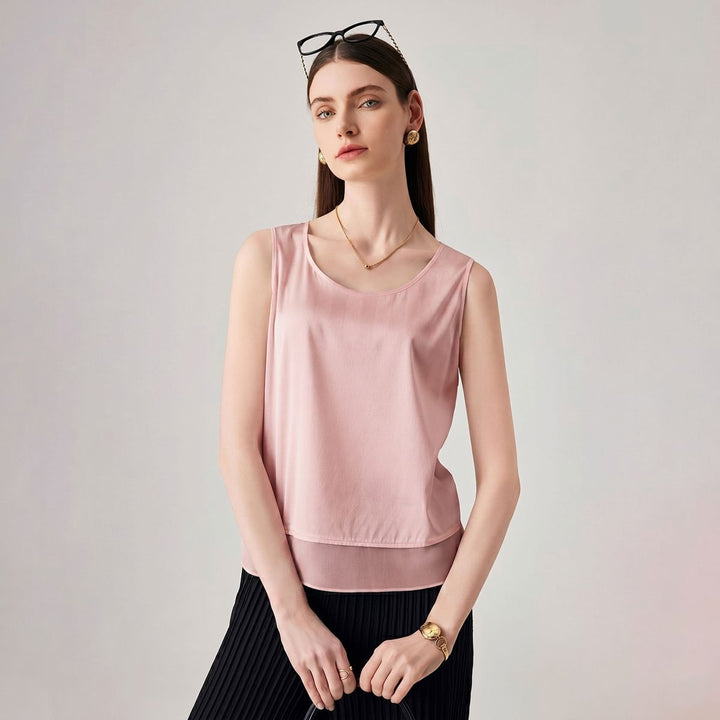 Pure Mulberry Silk Tank Top with Sheer Patchwork Hem Elegant Sleeveless Silk Shell Blouse