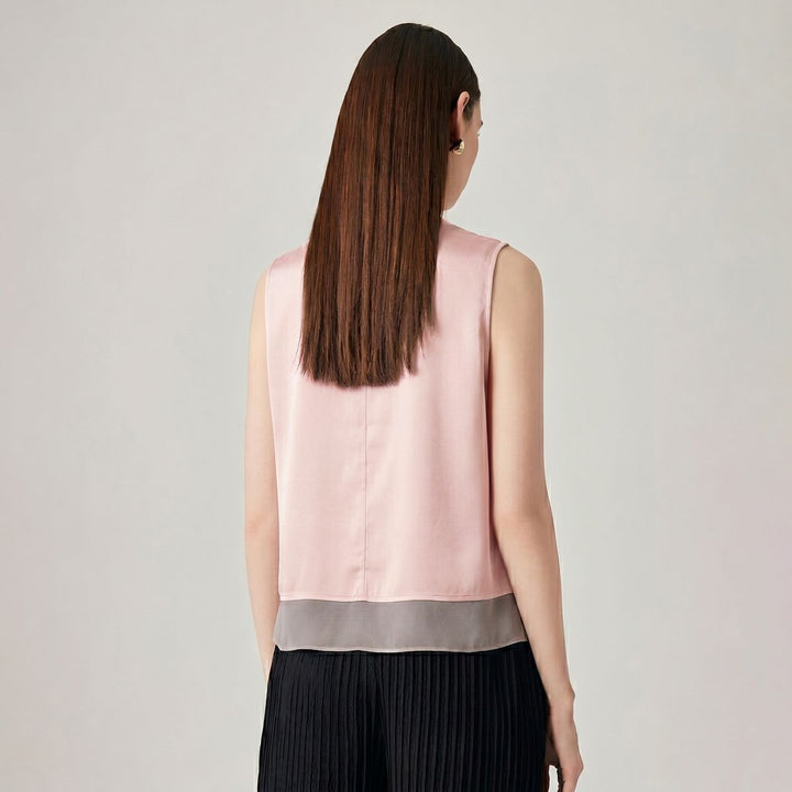 Pure Mulberry Silk Tank Top with Sheer Patchwork Hem Elegant Sleeveless Silk Shell Blouse