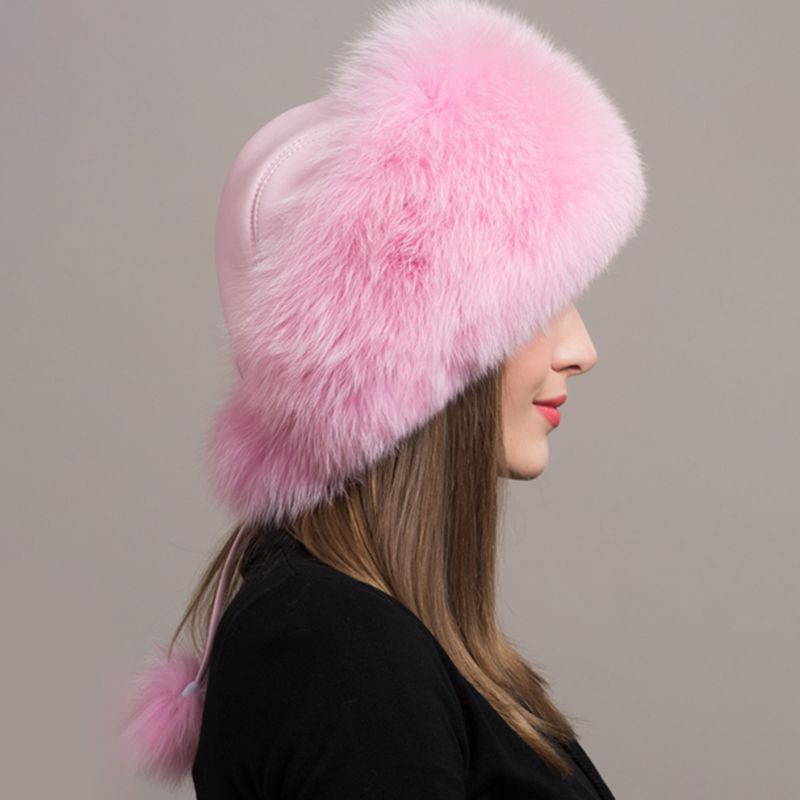 Women's Winter Fox Fur Roller Hat Sheepskin Pom Pom Fur Round Hat