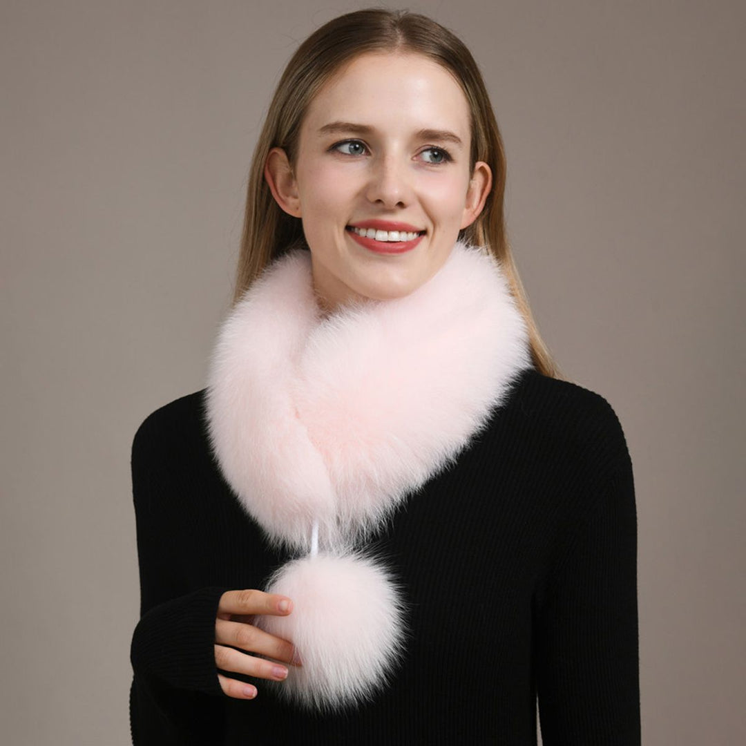 Women’s Real Fox Fur Scarf with Pom-Pom Genuine Fur Collar Neck Warmer