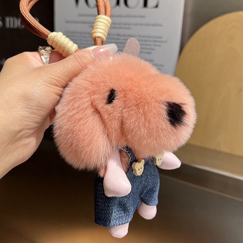 Cute Plush Puppy Fur Bag Charm Soft Real Rabbit Fur Furry Dog Keychain