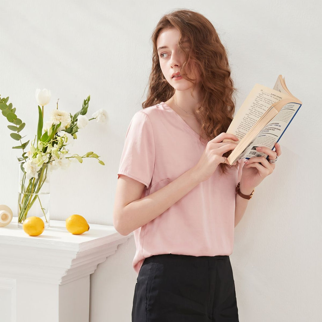 22 Momme Basic V-Neck Pure Mulberry Silk Short Sleeve T-Shirt