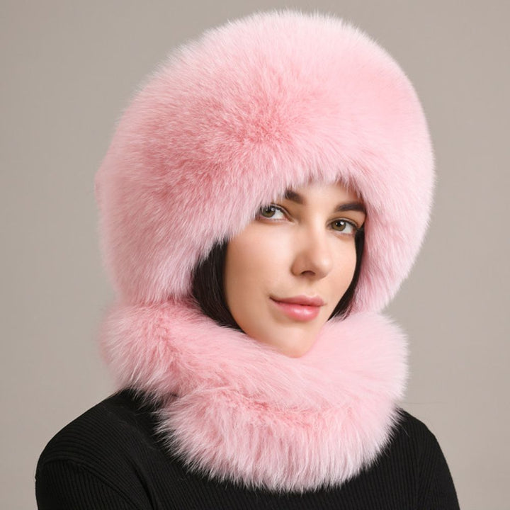 Luxury Winter Fox Fur Trapper Hat Women Pom Pom Fur Ushanka with Tail Scarf
