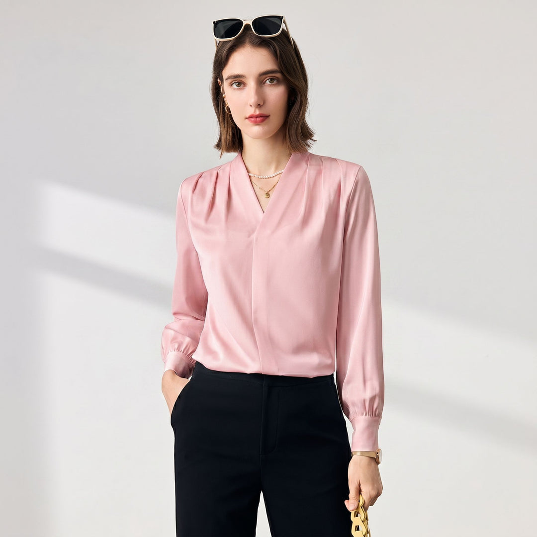 22 Momme Women's V-Neck Draped Front Long Sleeve Silk Blouse