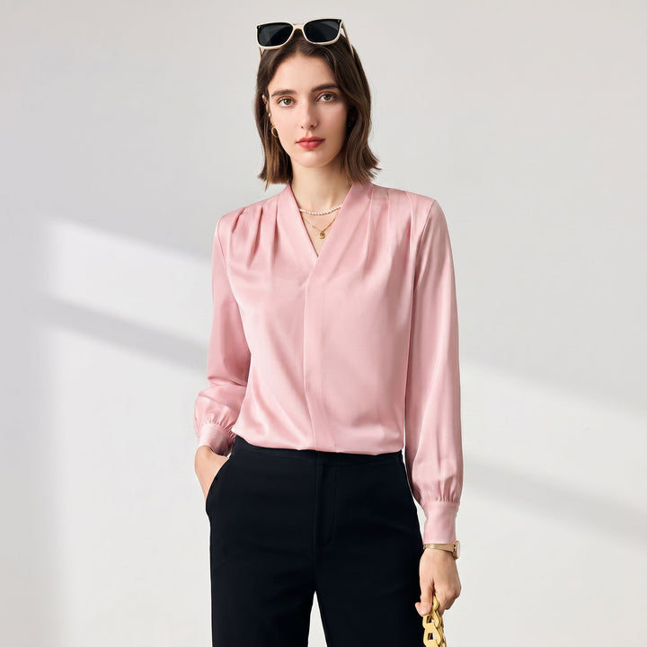 22 Momme Women's V-Neck Draped Front Long Sleeve Silk Blouse