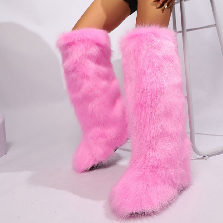 Womens Faux Fur Boot Winter Fluffy Long Furry Boots for Girls Outdoor Fuzzy Knee-High Boots