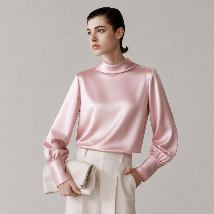 Elegant Long Sleeve High-Neck 100% Mulberry Silk Blouse for Women