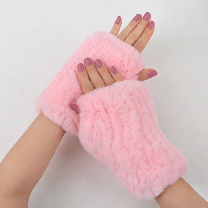Women’s Real Rabbit Fur Fingerless Gloves Soft Plush Winter Knitted Mittens
