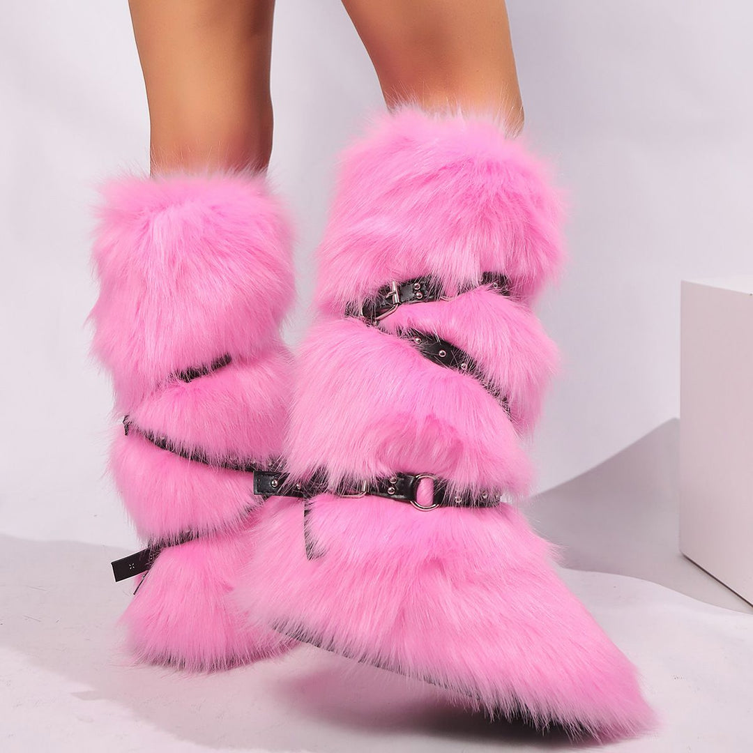 Womens Faux Fur Boot Winter Fluffy Long Furry Boots for Girls Outdoor Fuzzy Knee-High Sexy Snow Boots with Cross Straps and Buckle