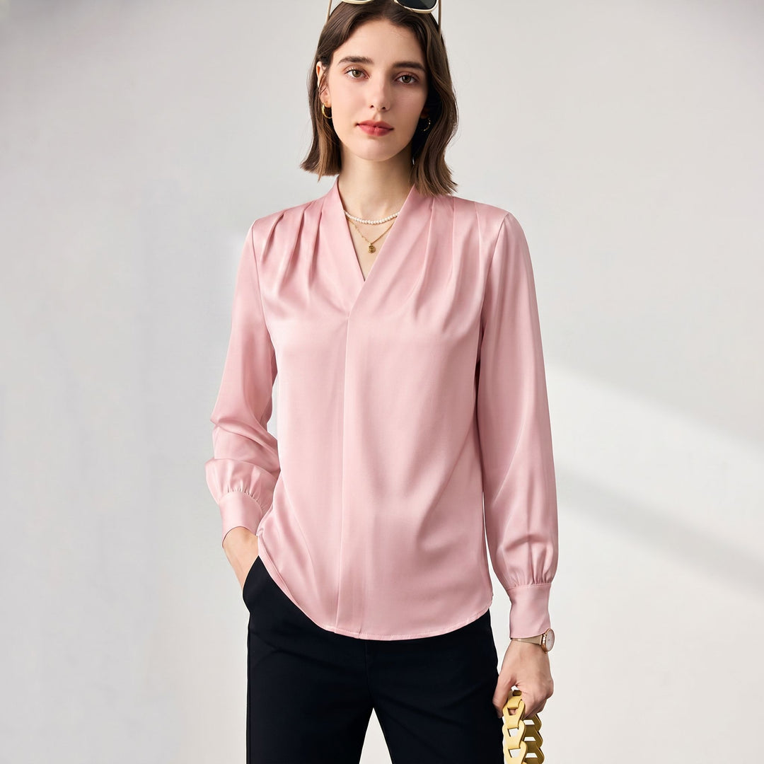 22 Momme Women's V-Neck Draped Front Long Sleeve Silk Blouse