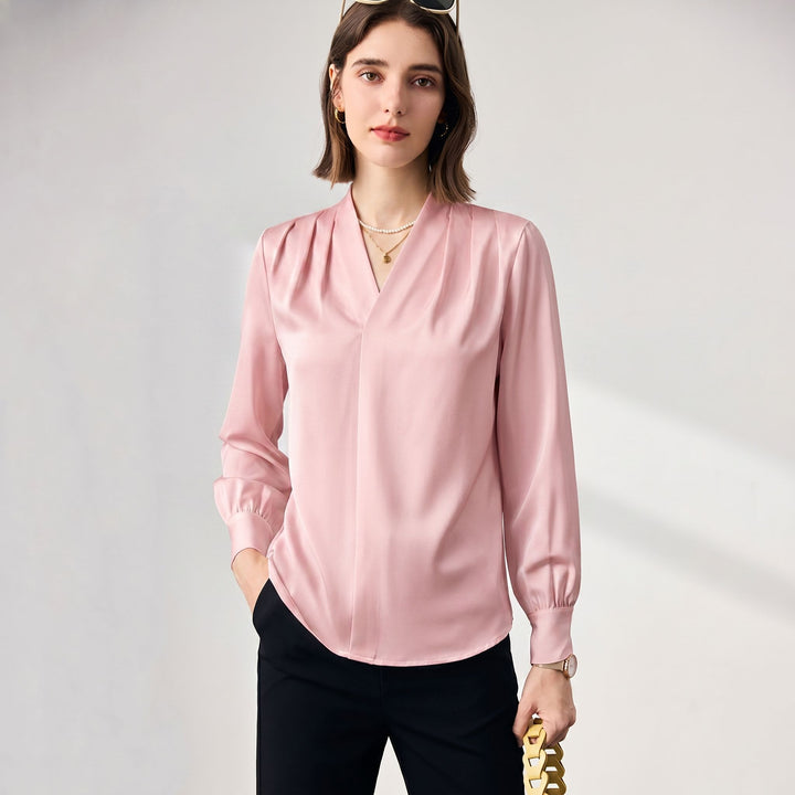 22 Momme Women's V-Neck Draped Front Long Sleeve Silk Blouse