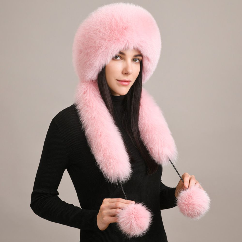 Luxury Winter Fox Fur Trapper Hat Women Pom Pom Fur Ushanka with Tail Scarf