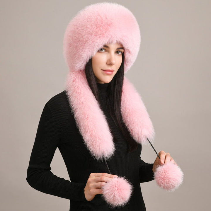 Luxury Winter Fox Fur Trapper Hat Women Pom Pom Fur Ushanka with Tail Scarf