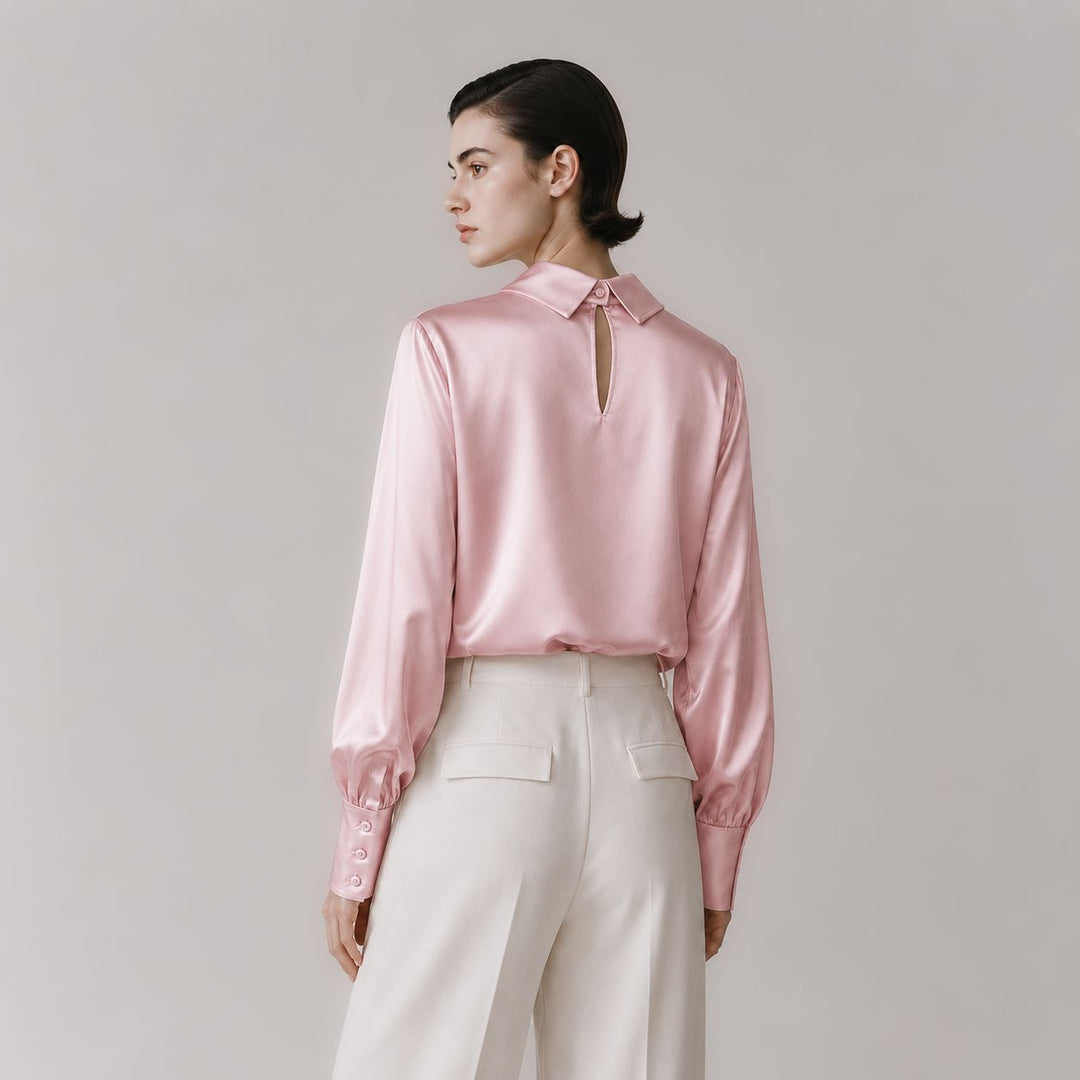 Elegant Long Sleeve High-Neck 100% Mulberry Silk Blouse for Women