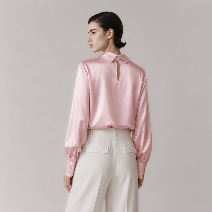 Elegant Long Sleeve High-Neck 100% Mulberry Silk Blouse for Women