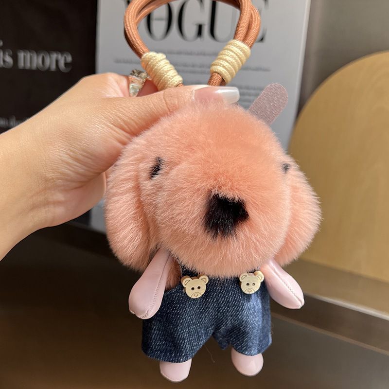 Cute Plush Puppy Fur Bag Charm Soft Real Rabbit Fur Furry Dog Keychain