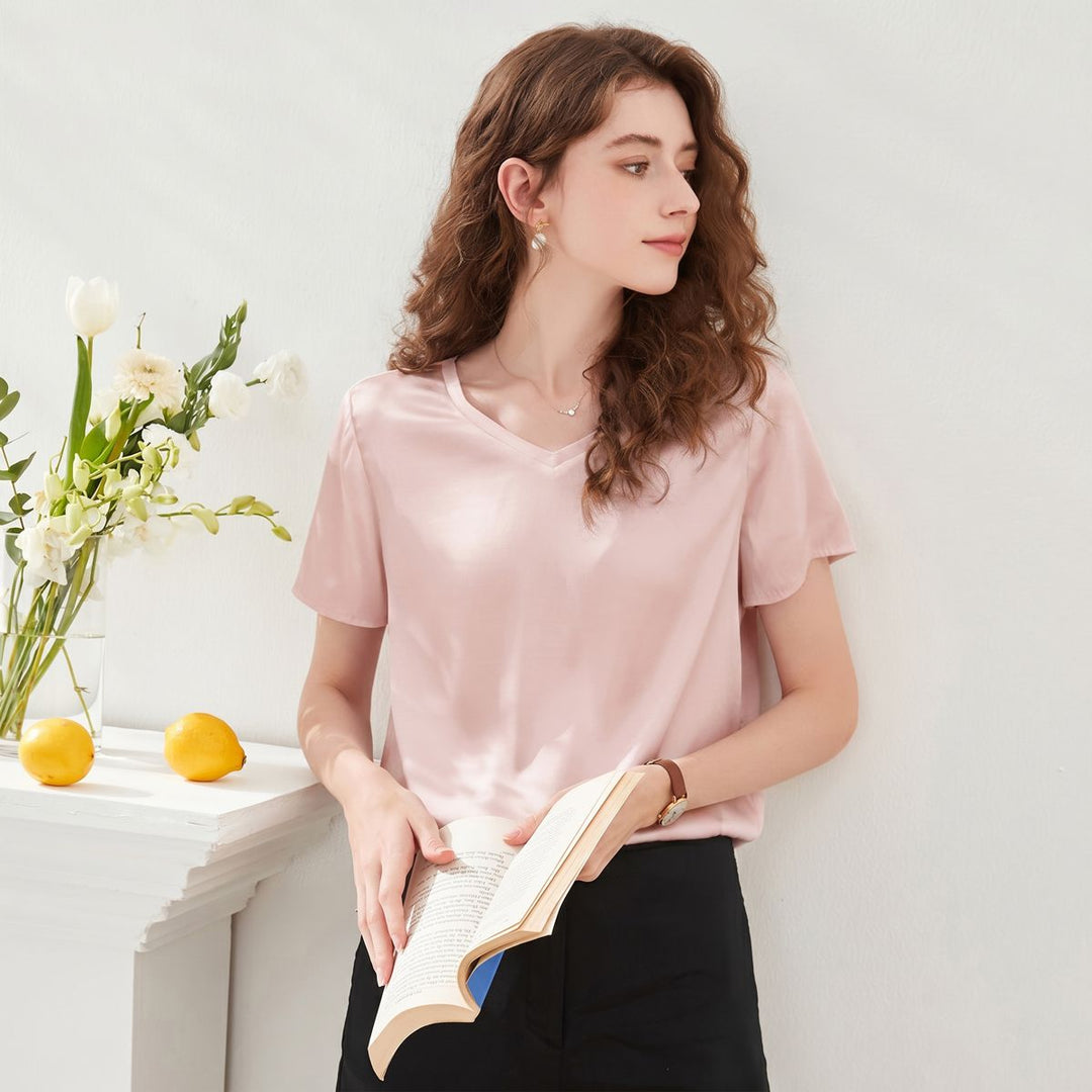 22 Momme Basic V-Neck Pure Mulberry Silk Short Sleeve T-Shirt
