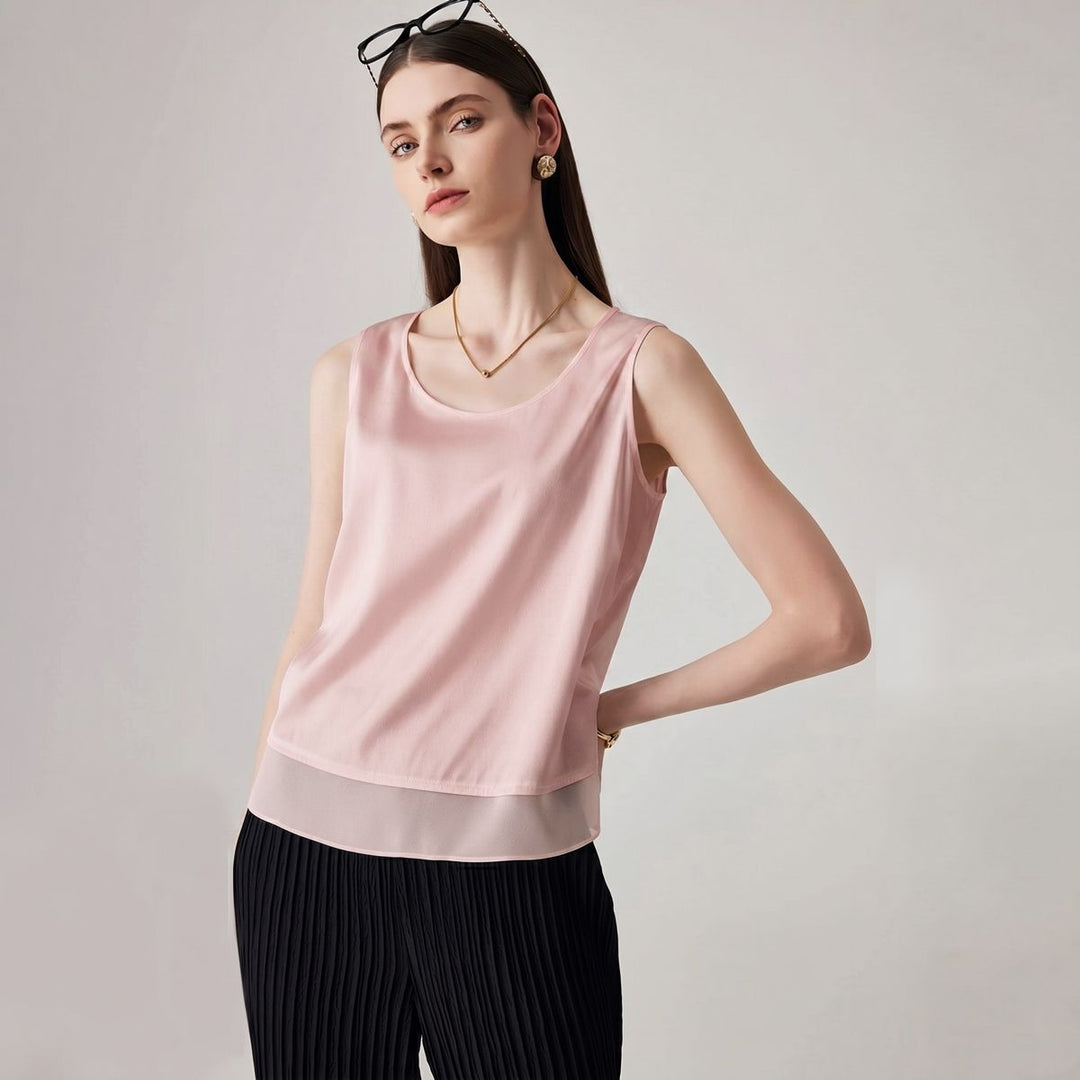 Pure Mulberry Silk Tank Top with Sheer Patchwork Hem Elegant Sleeveless Silk Shell Blouse