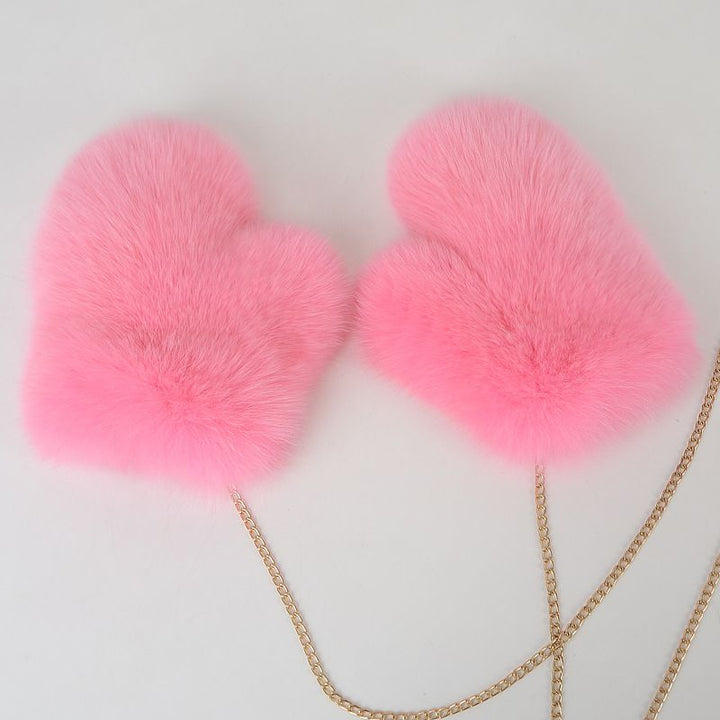 Luxury Real Fox Fur Mittens with Chain Strap Warm Winter Leather Fur Gloves for Women