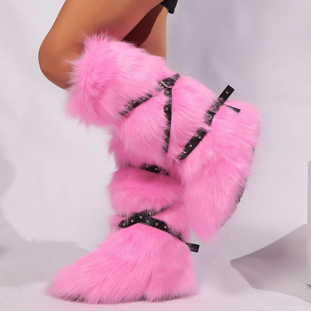 Womens Faux Fur Boot Winter Fluffy Long Furry Boots for Girls Outdoor Fuzzy Knee-High Sexy Snow Boots with Cross Straps and Buckle