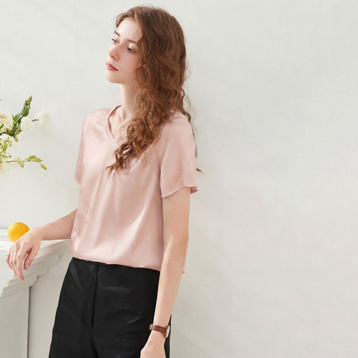 22 Momme Basic V-Neck Pure Mulberry Silk Short Sleeve T-Shirt