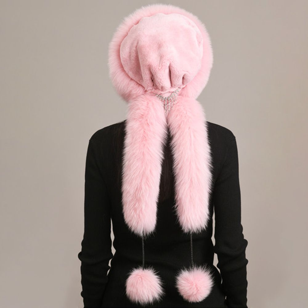 Luxury Winter Fox Fur Trapper Hat Women Pom Pom Fur Ushanka with Tail Scarf