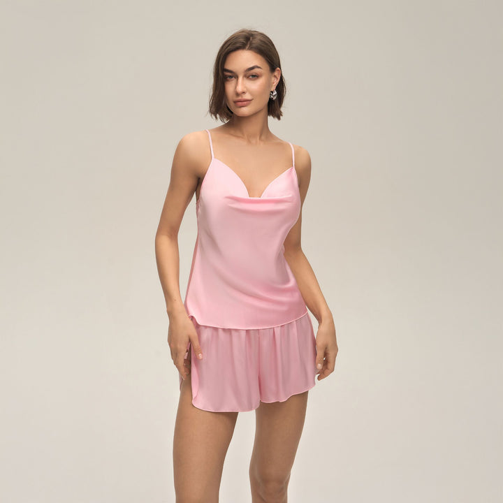 22 Momme Sexy Open-Back Silk Cowl Neck Camisole Set for Women