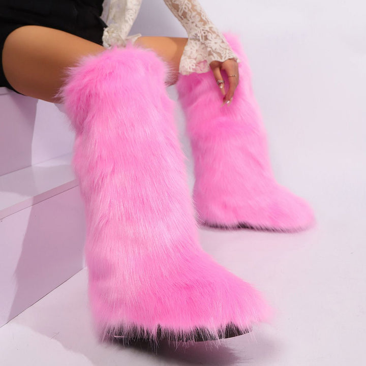 Womens Faux Fur Boot Winter Fluffy Long Furry Boots for Girls Outdoor Fuzzy Knee-High Boots