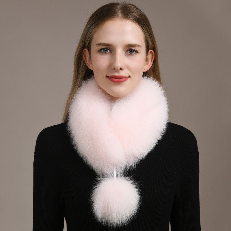 Women’s Real Fox Fur Scarf with Pom-Pom Genuine Fur Collar Neck Warmer