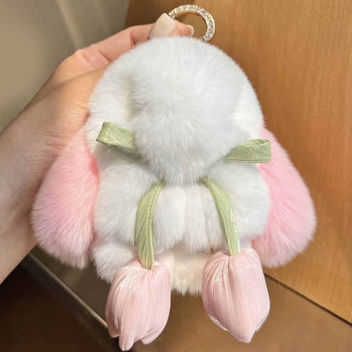 Cute Bunny Rabbit Fur Keychain with Tulip Charm Soft Plush Rabbit Bag Charm Key Ring Accessory