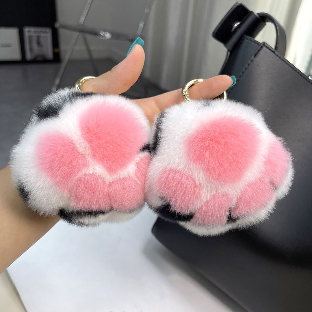 Luxury Real Rex Rabbit Fur Cat Paw Keychain Ultra-Plush Kitten Toe Beans Bag Charm Premium Car Key Ring Accessory