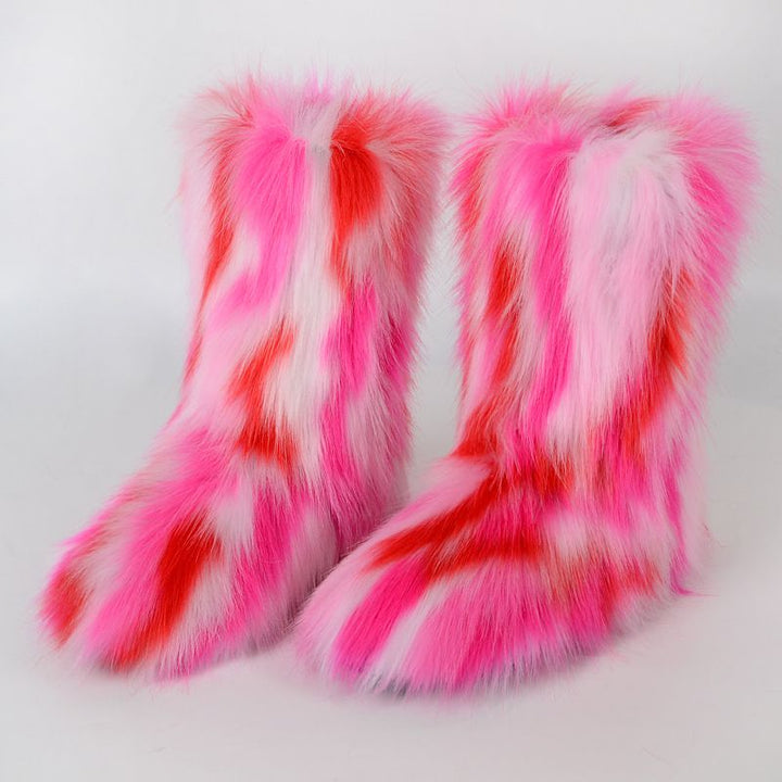 Vibrant Patchwork Faux Fur Boots Women Colorful Winter Furry Snow Boots Footwear