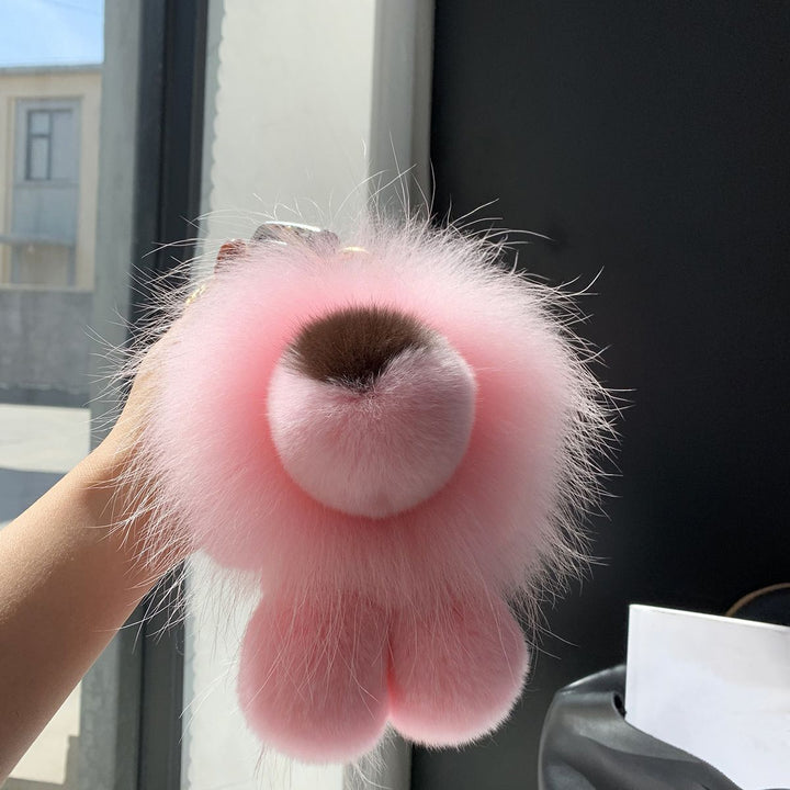 Real Fur Lion Keychain Handmade Fluffy Animal Bag Charm Luxury Fur Pom Pom Key Ring