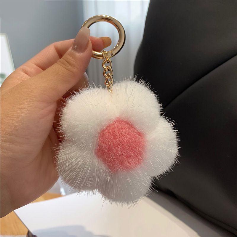 Cute Real Mink Fur Flower Car Keychain Fluffy Pom-Pom Luxury Bag Charm