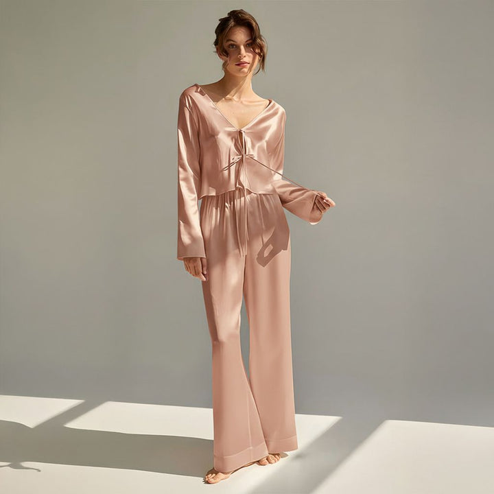 22 Momme Sexy Tie-Front  V-Neck Long Sleeve Silk Pajama Set for Women