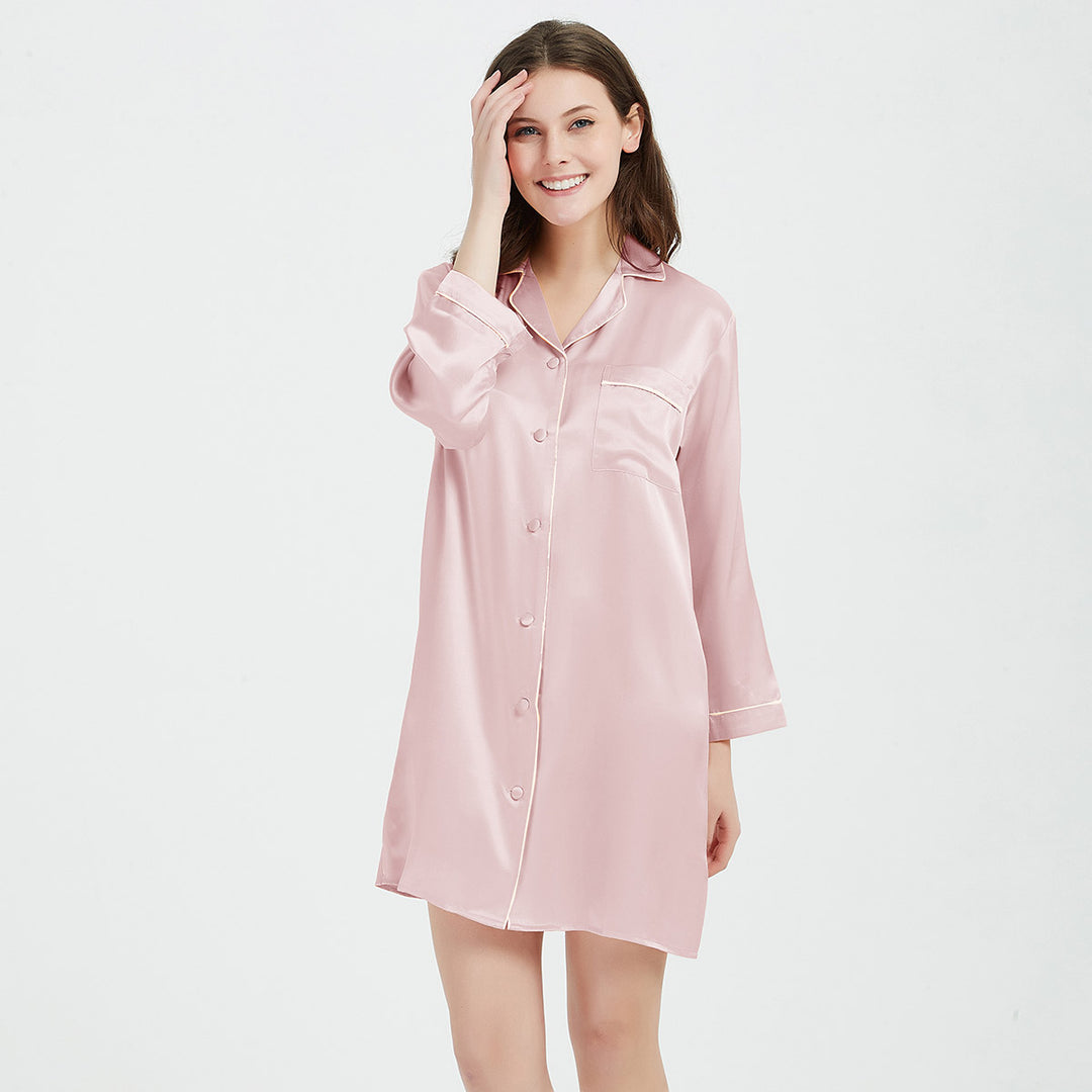 Double-Sided Silky Luxury Long Sleeve Mulberry Silk Nightshirt for Women LSP036