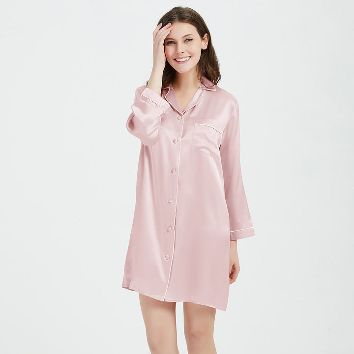 Double-Sided Silky Luxury Long Sleeve Mulberry Silk Nightshirt for Women LSP036