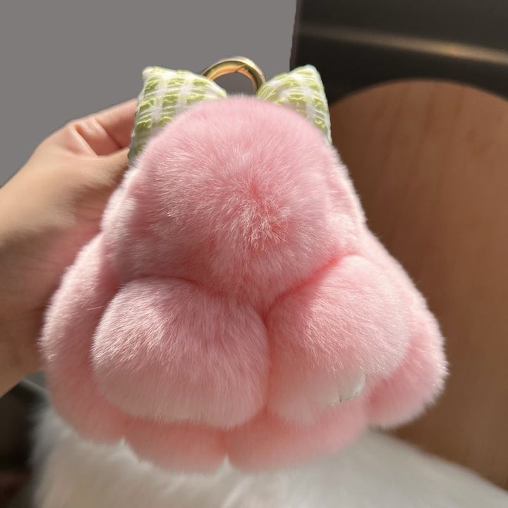 Real Rex Rabbit Fur Bunny Keychain Ultra-Soft Lop Eared Rabbit Key Ring with Bow