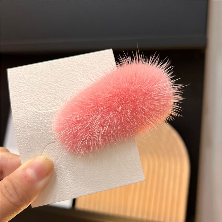 Mink Fur Hair Clip Soft Fluffy Oval Snap Hair Barrette