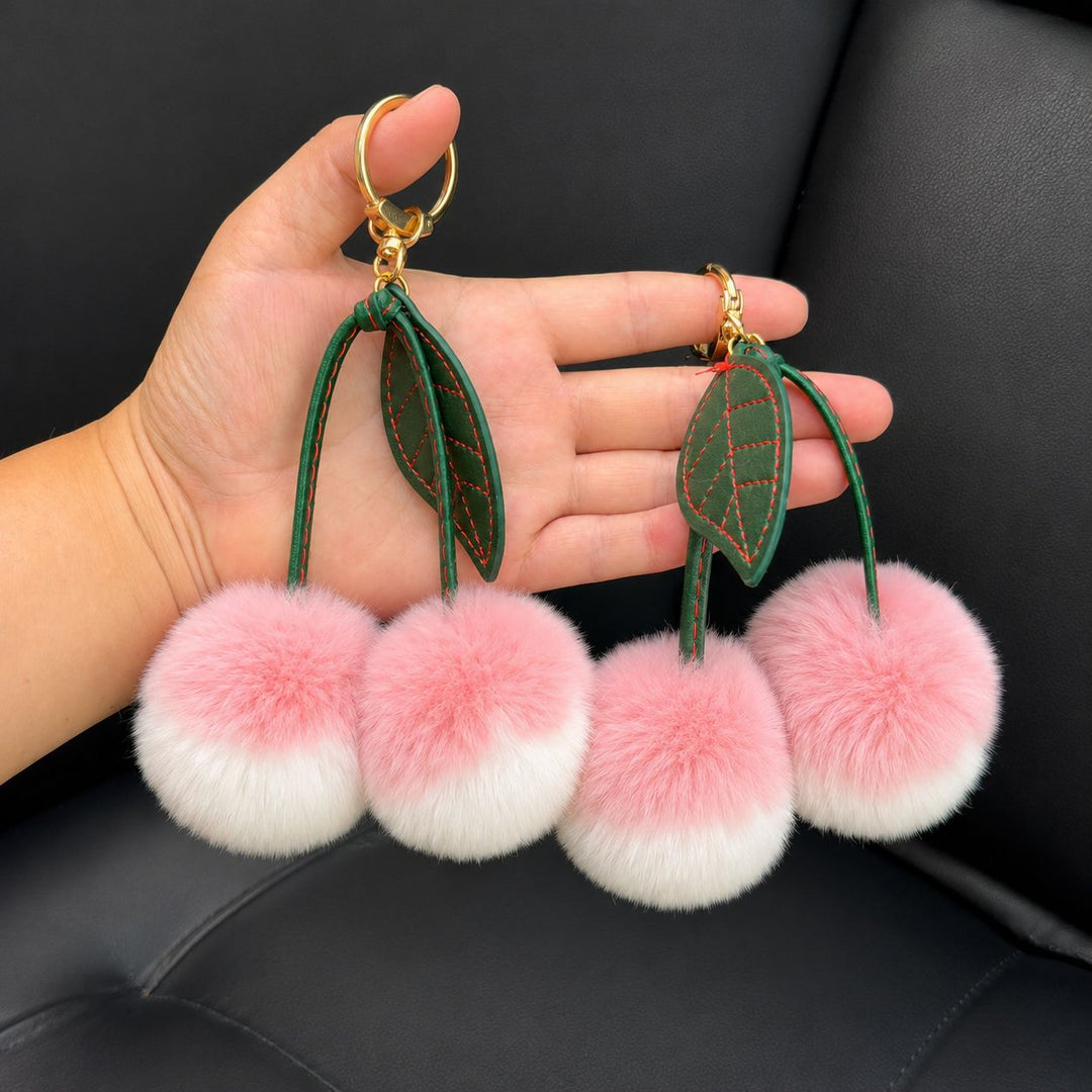 Rabbit Fur Cherry Keychain Cute Pom Pom Plush Bag Car Charm