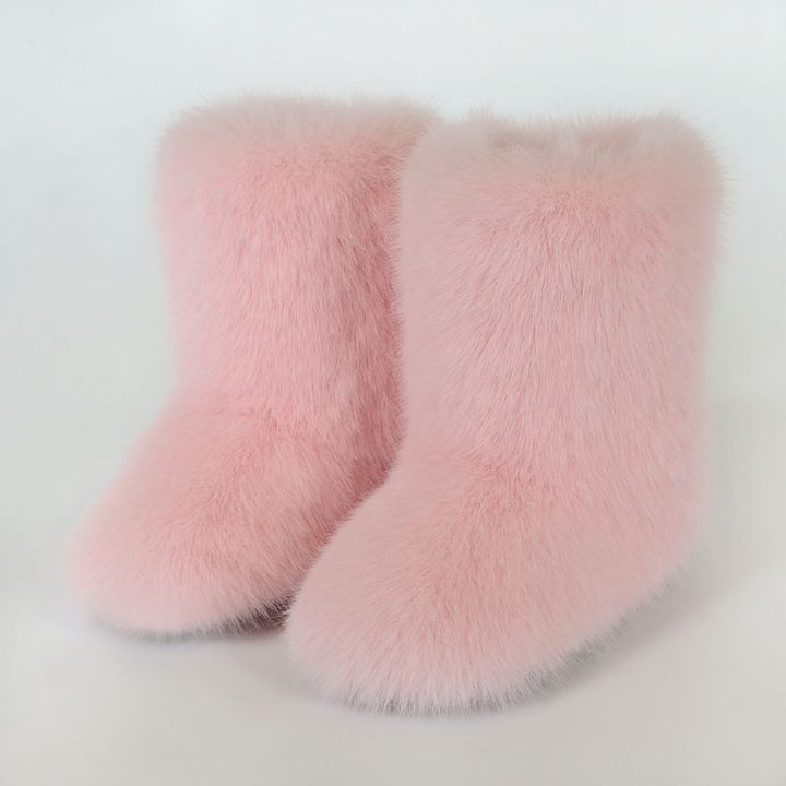 Faux Fox Fur Snow Boots for Women Winter Furry Cozy Slip-On Ankle Fur Boots