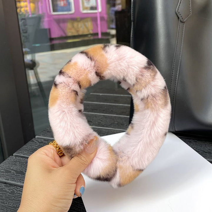Real Rabbit Fur Headband Women's Soft Plush Leopard Print Hair Accessories