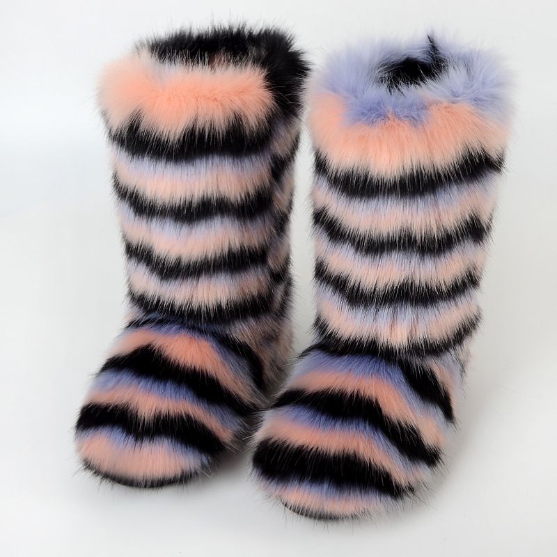 Vibrant Patchwork Faux Fur Boots Women Colorful Winter Furry Snow Boots Footwear