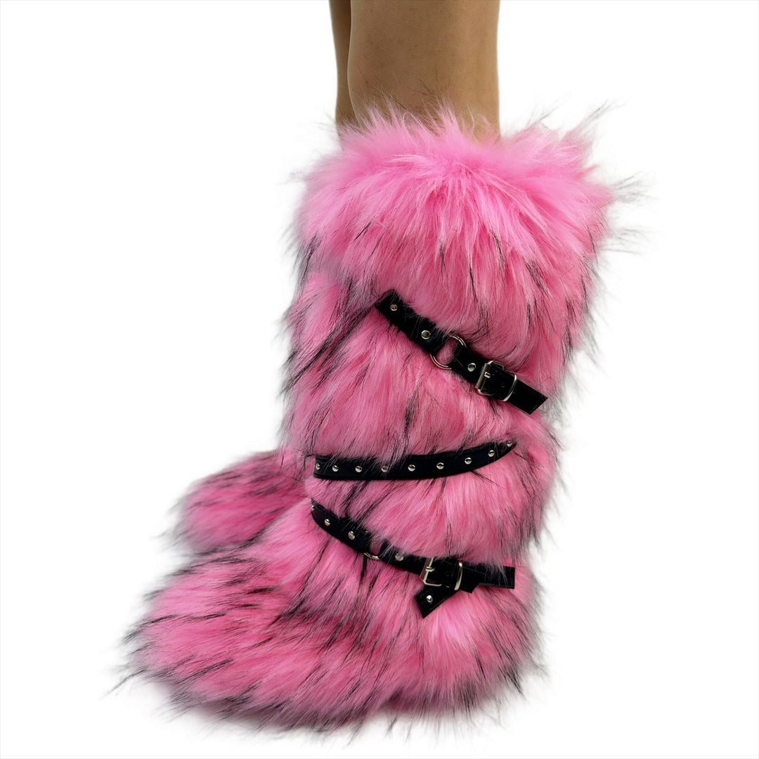 Womens Faux Fur Boot Winter Fluffy Long Furry Boots for Girls Outdoor Fuzzy Knee-High Sexy Snow Boots with Cross Straps and Buckle
