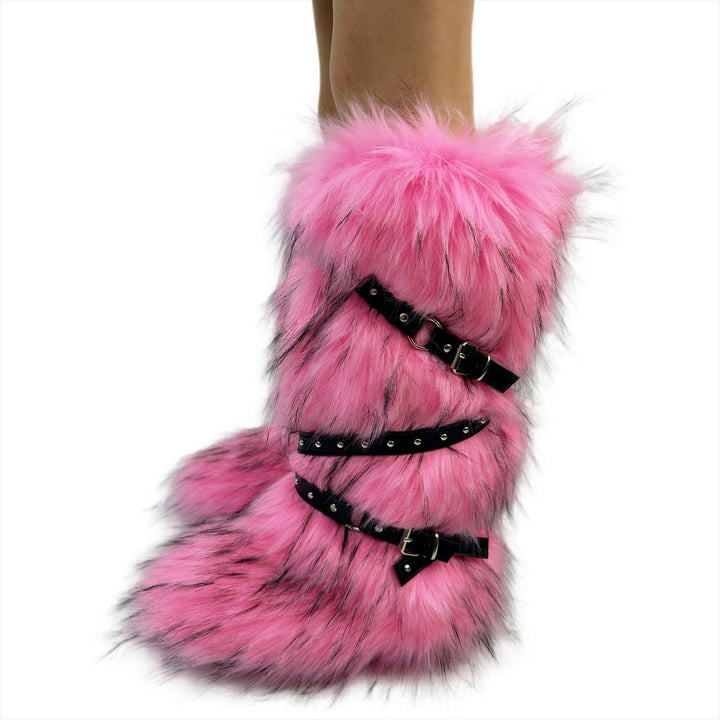 Womens Faux Fur Boot Winter Fluffy Long Furry Boots for Girls Outdoor Fuzzy Knee-High Sexy Snow Boots with Cross Straps and Buckle